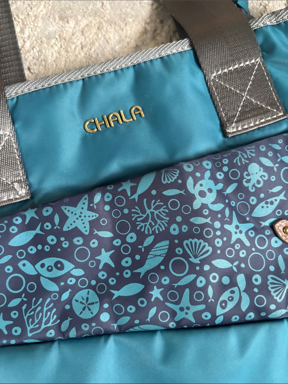 Chala Teal Patterned Tote with Navy Accent - Picture 2 of 5